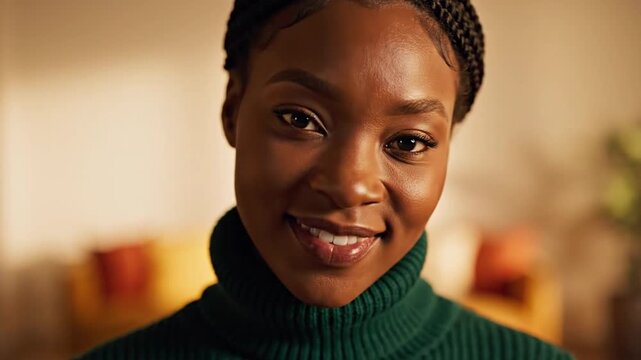Portrait of young Black woman in green turtleneck sweater