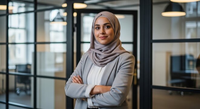 Professional portrait of a confident businesswoman wearing a hijab in an office