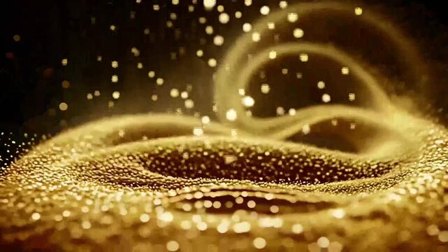 Golden Particles Swirling into Abstract Liquid Vortex Motion