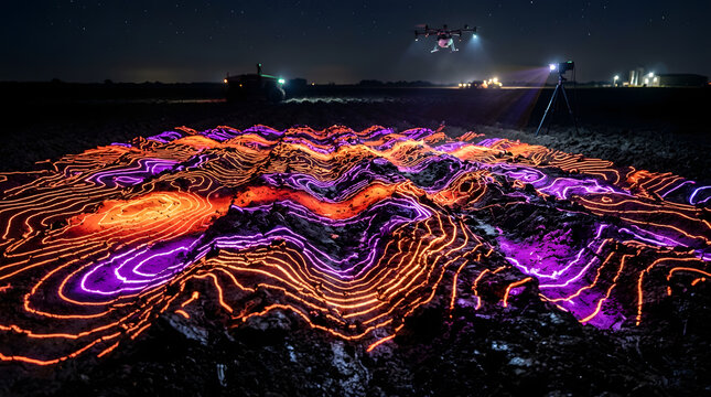 Drone projecting a glowing neon topographic map onto a plowed agricultural field at night