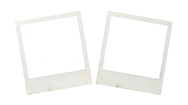 Two empty vintage polaroid picture frames isolated on transparent background
