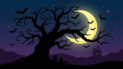 Fototapeta premium Spooky halloween background with crescent moon bats and haunted house illustration