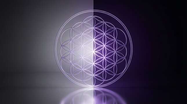 Flower of Life sacred geometry pattern shown on both dark and light backgrounds.