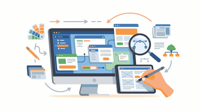 A colorful illustration of web design elements and tools (1) (1)