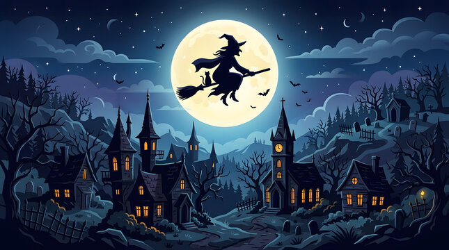 Spooky halloween background witch flying over haunted village under full moon
