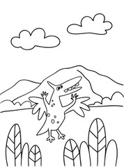 Vector coloring page for kids. Funny dinosaur. Pterodactyl against a mountain backdrop. Cartoon character. Outline drawing © Evgeniia