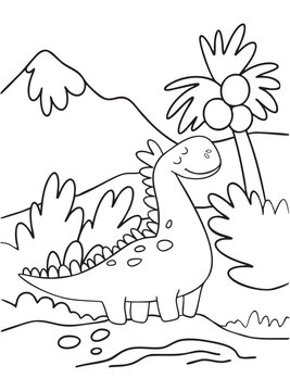 Vector dinosaur. Children's coloring page. Cartoon dinosaur, a cute character against a mountain landscape and palm trees. Outline drawing