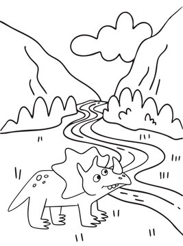 Vector dinosaur. Children's coloring page. Triceratops by a mountain river. Cartoon character against a mountain backdrop. Outline drawing