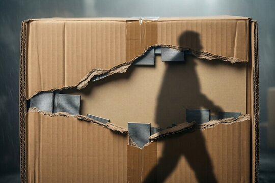 Large torn cardboard box with staples and shadow of a person walking