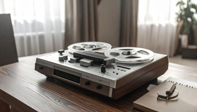 Vintage Old Vinyl Record Player and Turntable on Table with Audio Equipment and Digital Technology Discs