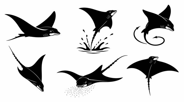 Set of stingray silhouettes, vector illustrations in various poses