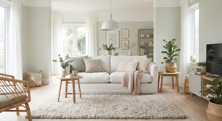 Fototapeta premium A bright Scandinavian Hygge living room with a touch of soft color. Walls painted in a very pale, muted sage green. A white sofa, light wood side tables, and a soft, shaggy rug in an oatmeal tone. 