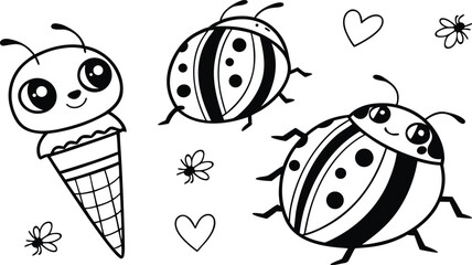 Cute cartoon ladybug bugs and ice cream vector illustration for kids coloring page black and white drawing line art design elements isolated on transparent background. © Riazhasan444