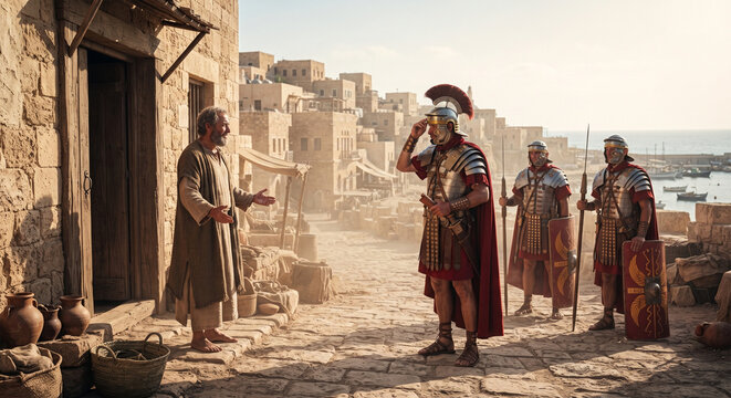 Bible, A poignant, wide-angle shot of the meeting in Joppa. Peter is standing at the entrance of a house, greeting the Roman soldiers who have come for him. The contrast is sharp: Peter, 