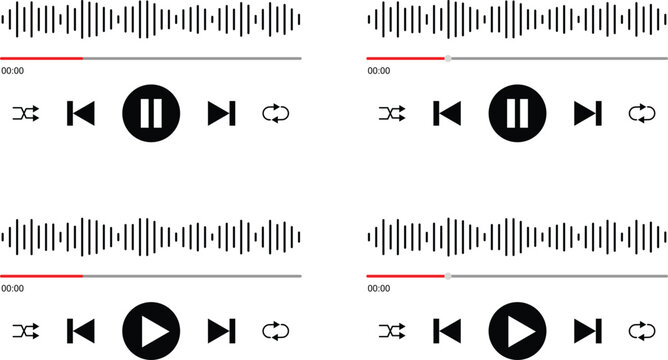 Audio video player interface mockup icons set for multimedia player app, digital sound wave equalizer voice tracker playback buttons play pause next previous repeat shuffle, multimedia user element