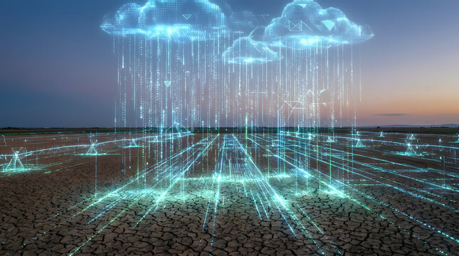Holographic digital clouds raining data code over a dry cracked agricultural field