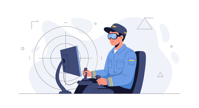 Pilot in VR headset controlling aircraft simulator with joysticks, wearing a pilot cap, focused on screen