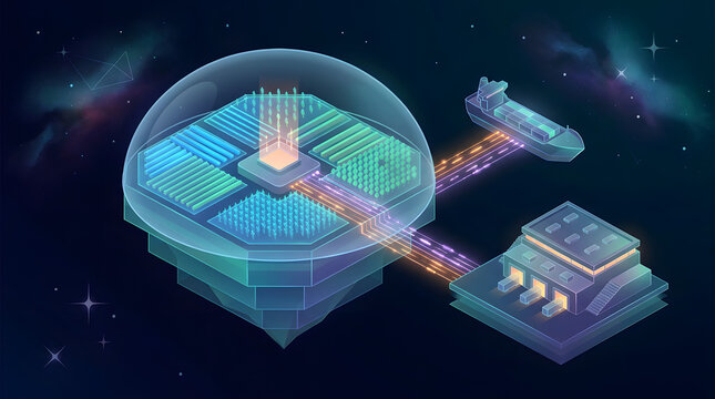 Isometric space colony concept with floating agricultural dome connected to cargo ship and factory