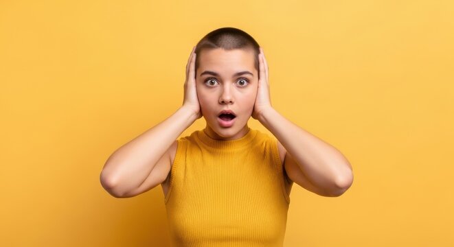 Shocked young woman with buzz cut holding her head with both hands