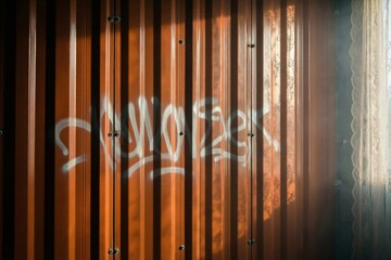 Obraz premium Orange Corrugated Metal Surface with Graffiti and Soft Lace Shadow