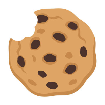 Oatmeal raisin cookie with a bite mark and scattered raisins isolated on white healthy snack food concept