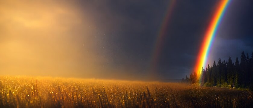 Spectacular bright double rainbow over pine forest and golden field after summer storm with large copy space, generative AI
