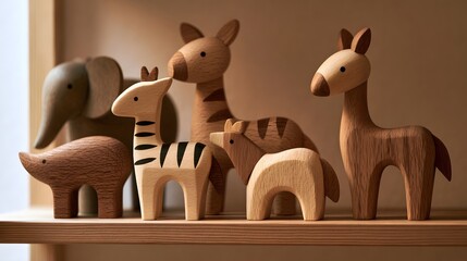 Obraz premium A collection of handcrafted wooden animal figurines arranged neatly on a light wood shelf under soft warm lighting