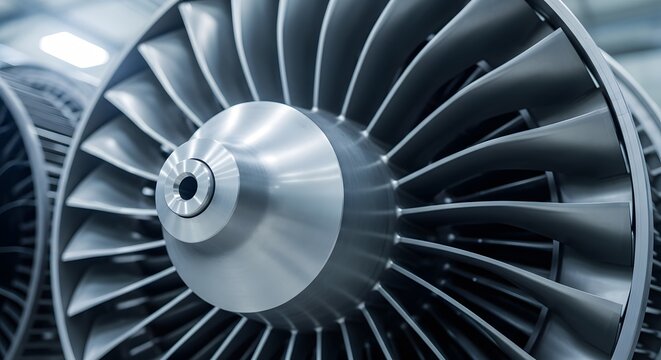 Close up view of aircraft jet engine turbine