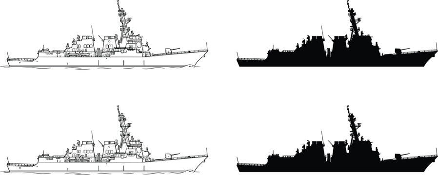 Naval Warship Icon Set featuring Detailed Outline Line Art and Solid Black Silhouette Styles of Military Destroyer Battleship Guided Missile Cruiser Vector IllustrationNaval Warship Icon Set featuring
