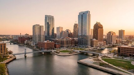 Obraz premium Modern cityscape with river and bridges at golden hour aerial view