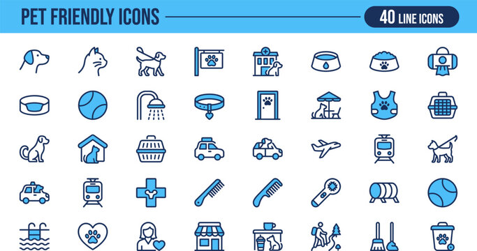 Pet friendly icons collection 40 line icons for veterinary grooming and animal care businesses