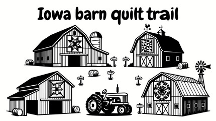 barn quilt collection in iowa featuring decorative geometric quilt patterns mounted on traditional wooden barns celebrating rural craftsmanship agricultural heritage vector © samira
