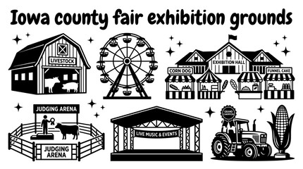 county fairgrounds in iowa featuring exhibition halls livestock barns ferris wheel food booths judging arenas event stages and festive agricultural attractions creating a celebrated vector © samira