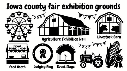 county fairgrounds in iowa featuring exhibition halls livestock barns ferris wheel food booths judging arenas event stages and festive agricultural attractions creating a celebrated vector © samira