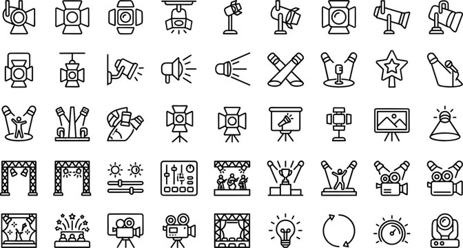 Stage Lighting and Theater Spotlight Line Icon Set for Concert Production, Event Management, Studio Photography, Entertainment Shows, and Film Making Vector Graphics