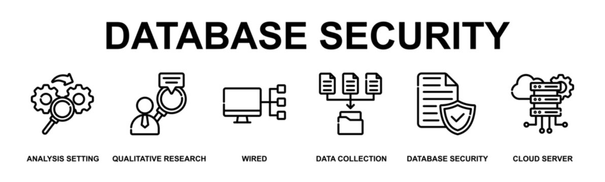 Database Security Banner Web Outline Icon Vector Illustration Concept for Technology with Icons of Analysis Setting, Qualitative Research, Wired Network, Data Collection, Database Security
