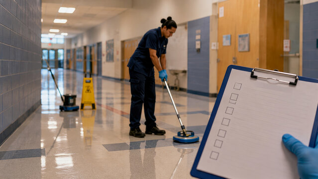 Professional janitor cleaning school corridor floor with industrial scrubber as supervisor conducts quality assurance inspection with clipboard and checklist in hand