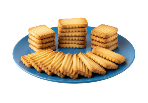Stack of rectangular shortbread cookies on blue plate with baked goods, biscuits