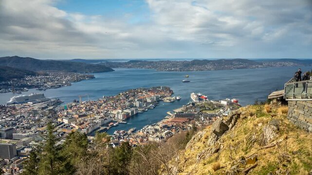Time lapse of Bergen from Fl&Atilde;&cedil;yen Panorama viewpoint on a sunny day, Bergen, Vestland, Norway, Scandinavia, Europe