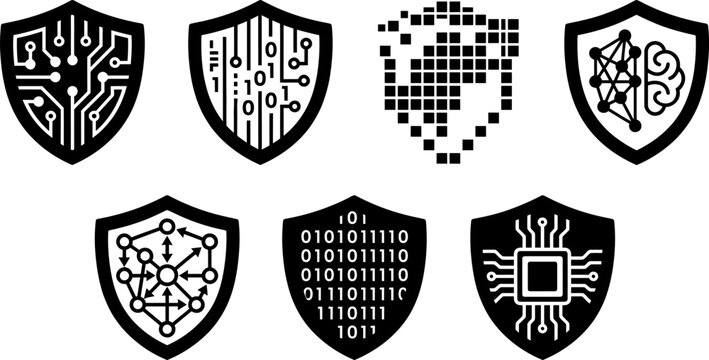 Abstract digital security shields with circuit patterns and binary code during concept development for network protection