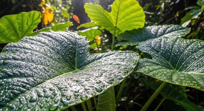 Large Green Elephant Ear Leaves Covered in Morning Dew