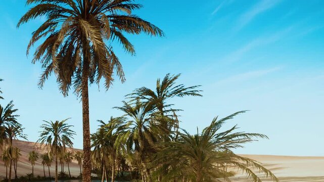 Palm trees stand near a small oasis surrounded by sand dunes. The sky is clear with a bright blue color. It is daytime and the sun is shining down on the scene.