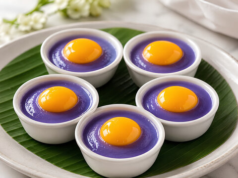 Royal Thai Bulan Dan Mek Dessert Served in Ceramic Cups on Banana Leaf