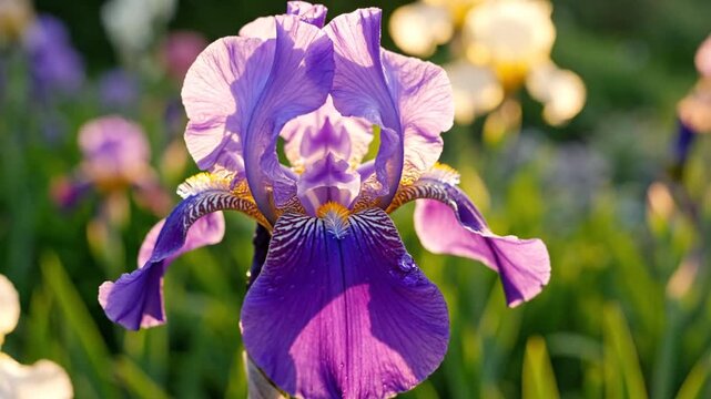 Purple iris flower blooming in sunny garden.
