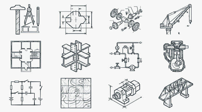 Industrial Black and White Line Drawing Collection of Technical Machinery Tools and Engineering Diagrams