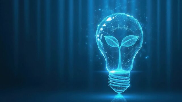 Blue glowing light bulb with energy waves, futuristic technology concept