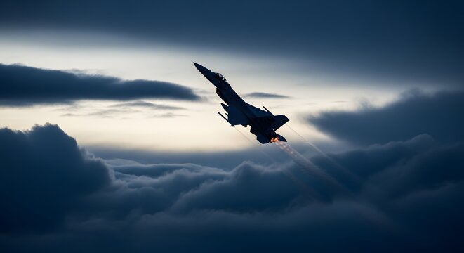 Fighter jet flying above clouds at twilight