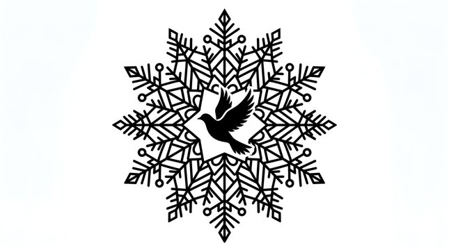 Black snowflake design, bird silhouette, winter icon, festive ornament, monochrome graphic