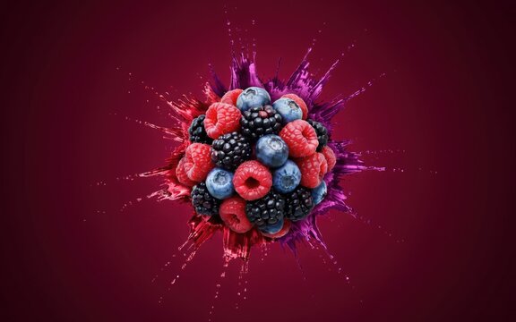 Fresh forest berries splashing in juice. Vibrant fruit snack ad.