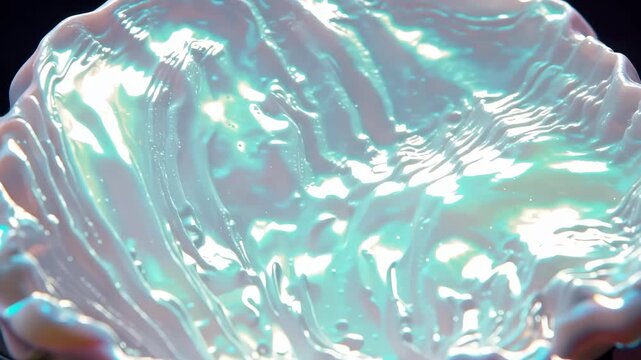 Macro shot of shimmering pearlescent liquid vibrating and creating wave patterns